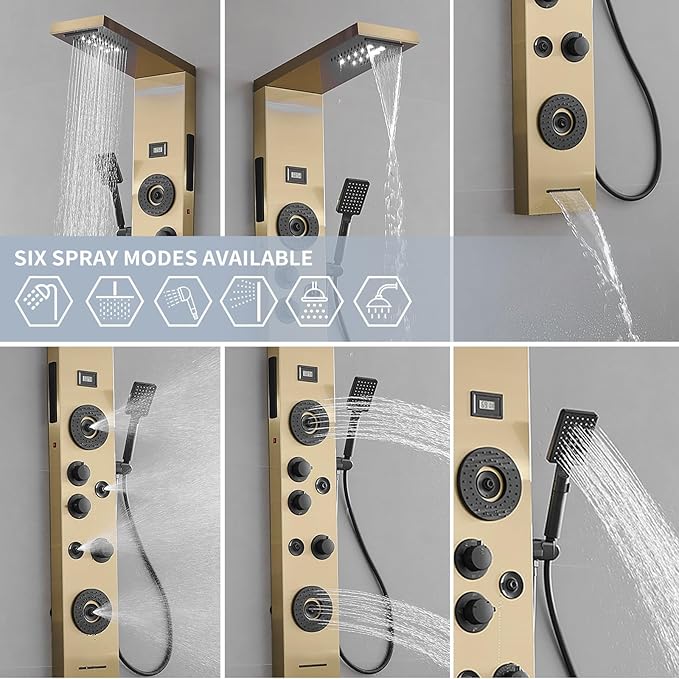 Brushed Gold Shower Panel LED Rainfall Shower Head, Bathroom Shower Panel Tower System Body Massage 6-Functions Temperature Display Wall Mount, Gold