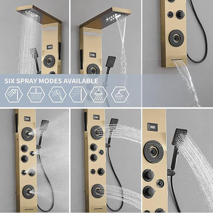 Brushed Gold Shower Panel LED Rainfall Shower Head, Bathroom Shower Panel Tower System Body Massage 6-Functions Temperature Display Wall Mount, Gold