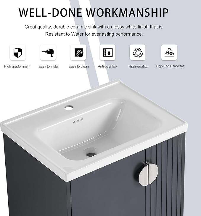24 Inch Bathroom Vanity with Sink, 24" Floating Vanity with White Glossy Ceramic Sink, Plywood Wooden Bathroom Cabinet with Soft-Close Doors, Modern Wall Mounted Cabinet Set (Blue Black)
