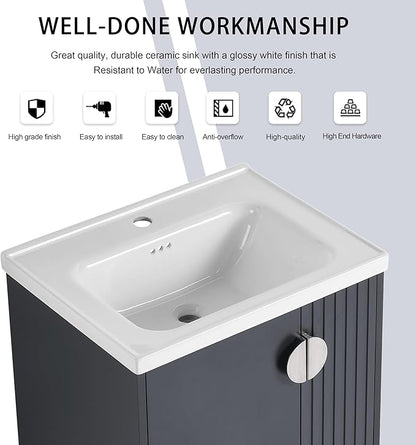 24 Inch Bathroom Vanity with Sink, 24" Floating Vanity with White Glossy Ceramic Sink, Plywood Wooden Bathroom Cabinet with Soft-Close Doors, Modern Wall Mounted Cabinet Set (Blue Black)