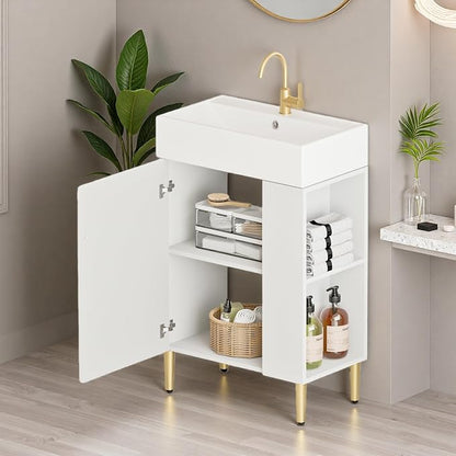 21.6" Freestanding Bathroom Vanity with Ceramic Sink, White | Ceramic Sink, Wave-Pattern Door & Two-Layer Right Open Compartment, Bathroom Storage Cabinet, Easy Installation