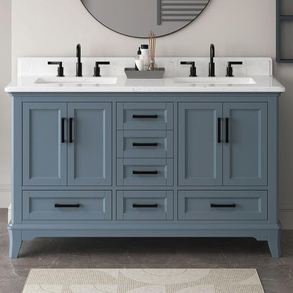 60 Inch Bathroom Vanity with Double Sink, Solid Wooden Frame Bathroom Sink Cabinet Vanity with Adjustable Feet, Bathroom Storage Cabinet with Soft Closing Doors-Steel Blue