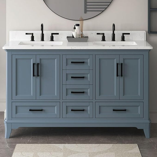 60 Inch Bathroom Vanity with Double Sink, Solid Wooden Frame Bathroom Sink Cabinet Vanity with Adjustable Feet, Bathroom Storage Cabinet with Soft Closing Doors-Steel Blue