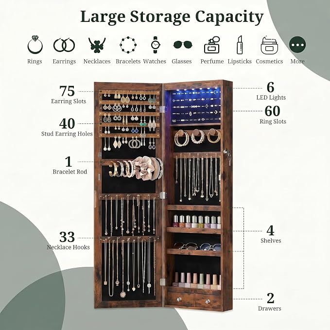 Jewelry Armoire, 47.2" Tall Lockable Jewelry Organizers and Storage Cabinet with Full-Length Mirror, 6 LEDs Mirror Jewelry Cabinet, Wall or Door Mounted Jewelry Storage for Women Bedroom, Gift Idea