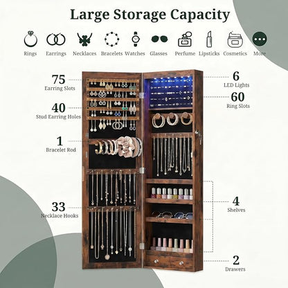 Jewelry Armoire, 47.2" Tall Lockable Jewelry Organizers and Storage Cabinet with Full-Length Mirror, 6 LEDs Mirror Jewelry Cabinet, Wall or Door Mounted Jewelry Storage for Women Bedroom, Gift Idea