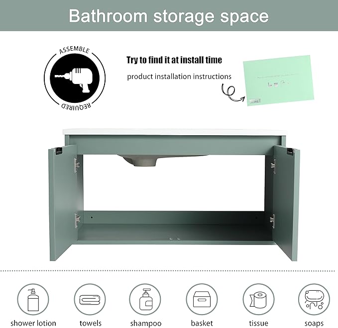 Malwee 36 Inch Floating Bathroom Vanity with Sink, 36'' Single Sink Wall Mounted Bathroom Vanity, with 2 Doors and White Waterdrop Gel Coat Basin (058-36 * 18, GGE)