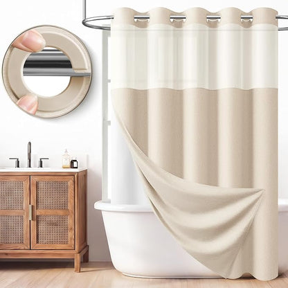 72x81 Ringless Linen Textured Shower Curtain with Snap in Liner, Cream | Tall Size, 3 in 1 Shower Curtain Set, Removable Liner, Waterproof & Washable, Mesh Top Window, Durable Fabric, Easy Setup