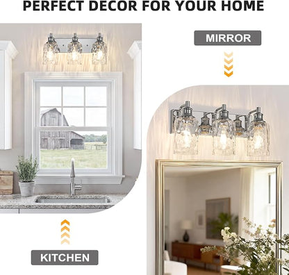 Bathroom Light Fixtures Over Mirror, 3 Lights Vanity Lights with Hammered Glass Shade, 17.8" Chrome Farmhouse Bathroom Light Fixtures for Bedroom, Porch, Hotel, Mirror Cabinet