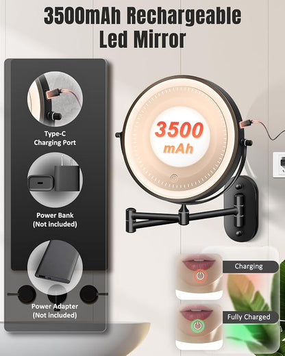 VFD 8'' 30X/1X Wall Mounted Lighted Magnifying Makeup Mirror with Lights | Double Sided Rechargeable Bathroom Mirror, 3 Color Lights Touch Dimmable Extended Arm 360 Rotation Light up Mirrors