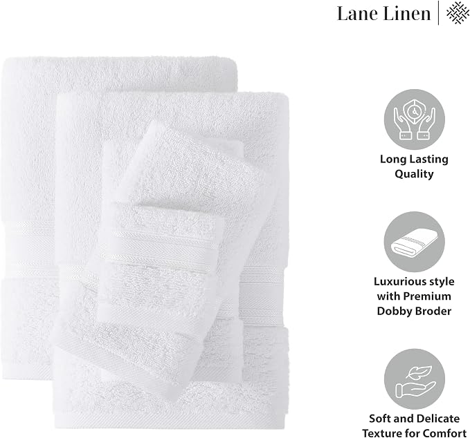 LANE LINEN Bath Towel Set 100% Cotton 3 Piece Soft Absorbent - White | Oeko-Tex Bath Towels - Zero-Twist Cotton, Terry Weave Comfort, Long-Lasting Comfort, Hotel-Style Look, Machine Washable