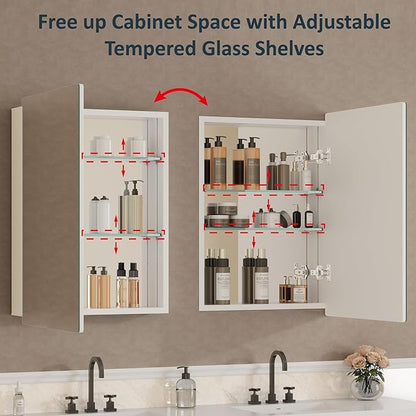 20x28 Inch Medicine Cabinet with Mirror, Recessed or Surface Mounted Bathroom Cabinets for Storage, 2 Fully Adjustable Tempered Glass Shelves, Soft-close DTC Hinges, HD Reflection Mirror Door, White