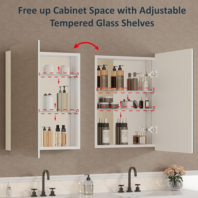 24x30 Inch Medicine Cabinet with Mirror, Recessed or Surface Mounted Bathroom Cabinets for Storage, 2 Fully Adjustable Tempered Glass Shelves, Soft-close DTC Hinges, HD Reflection Mirror Door, White