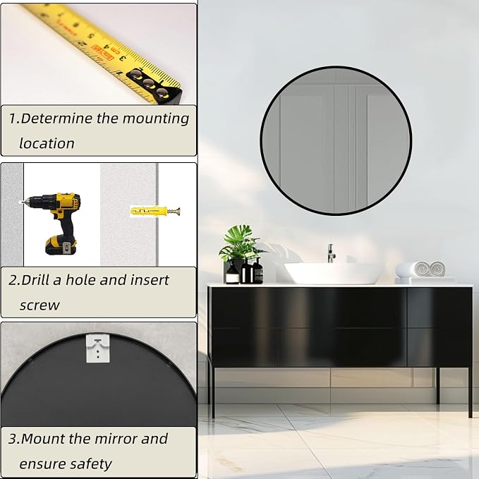 Round Black Mirror 22 Inch, Matte Black Metal Frame, Circle Mirror | Circular Wall Mounted Mirrors for Bathroom, Living Room, Bedroom, Entryway, Hallway, Dining Room, Wall Decor, Thin Frame