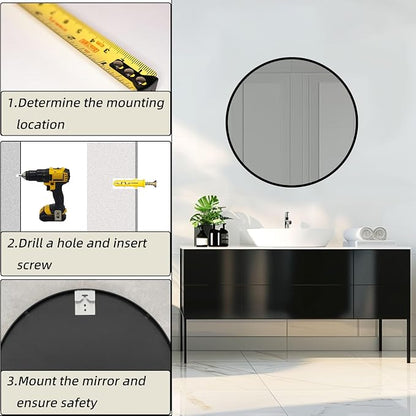 Round Black Mirror 26 Inch, Matte Black Metal Frame, Circle Mirror | Circular Wall Mounted Mirrors for Bathroom, Living Room, Bedroom, Entryway, Hallway, Dining Room, Wall Decor, Thin Frame