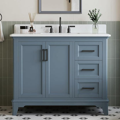 42 Inch Bathroom Vanity with Sink, Fully Assembled Solid Wood Frame Bathroom Vanities with 2 Soft Closing Doors, 3 Full Extension Dovetail Drawers, Quartz Top, Steel Blue
