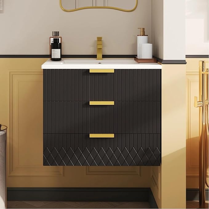 24 Inch Bathroom Vanity with Sink, Wall Mounted Bathroom Storage Cabinet with 2 Drawers, Floating Bathroom Vanities with Decor Line