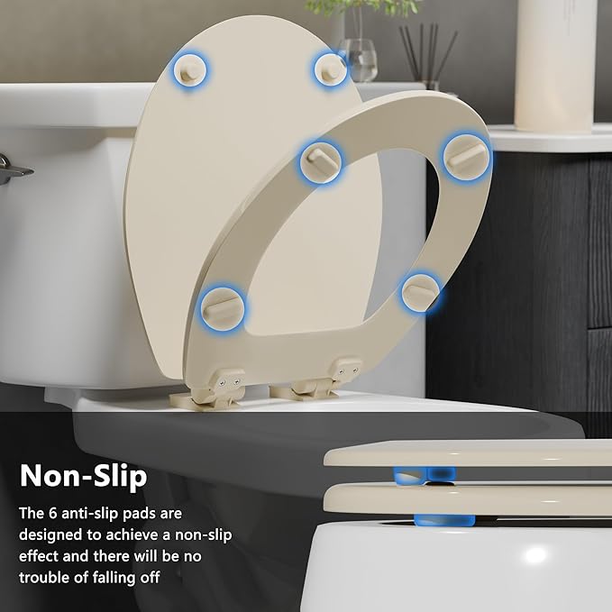 Angol Shiold Quiet-Close Molded Wood Toilet Seat with Non-Slip Adjustable Hinges, Anti-Pinch Bumpers, Easy Install & Clean（Biscuit, Round 16.5''）