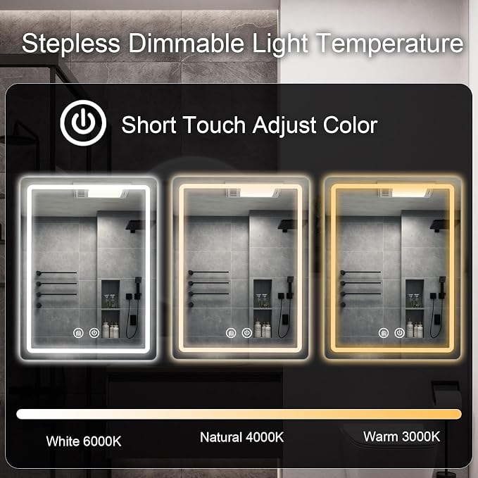 LED Bathroom Mirror, 20x28 in Vanity Mirrors with Backlit Lights for Shaving, Fogless Makeup Mirror Wall Mounted with Demister, Dimmable 3 Color Lighting, IP54, Vertically Only