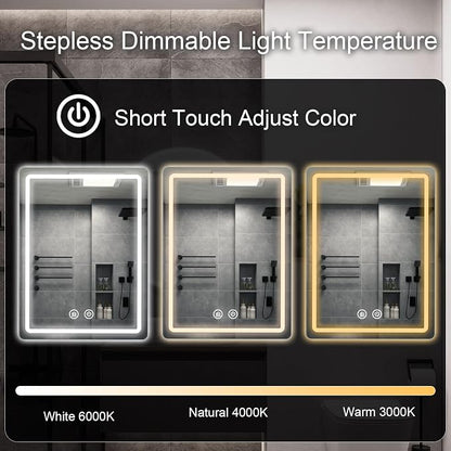 LED Bathroom Mirror, 20x28 in Vanity Mirrors with Backlit Lights for Shaving, Fogless Makeup Mirror Wall Mounted with Demister, Dimmable 3 Color Lighting, IP54, Vertically Only