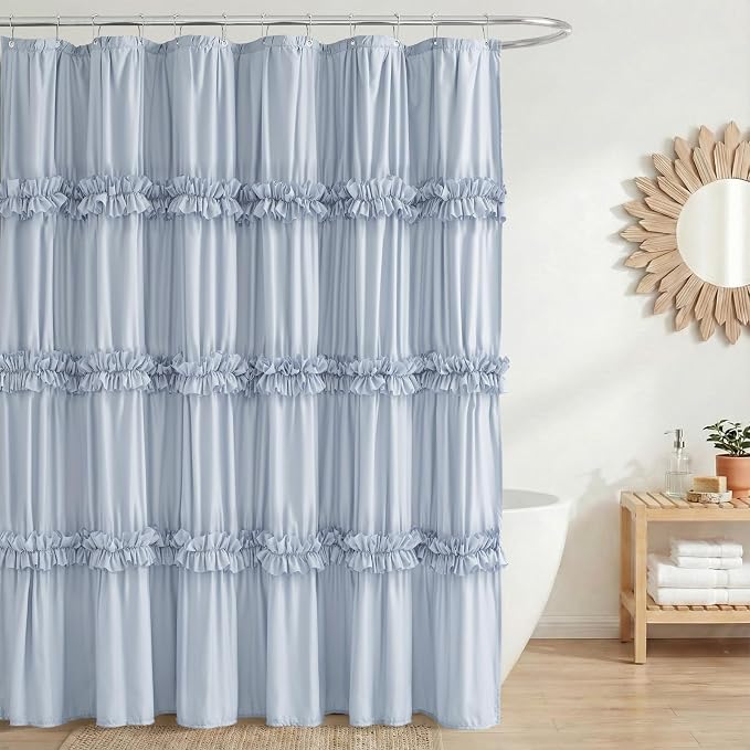 LIPA Boho Rustic Fog Blue Ruffle Shower Curtain 72x78 Inches | Farmhouse Shower Curtains for Bathroom,Water‑Resistant Fabric Shower Curtain,Bohemian Bathroom Decor