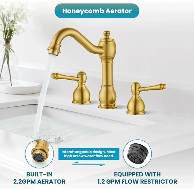 gotonovo 8 Inch Widespread Bathroom Faucets for Sink 3 Hole 2 Lever Handle Deck Mount with Pop Up Drain Hot and Cold Water Supply Lines Brushed Gold