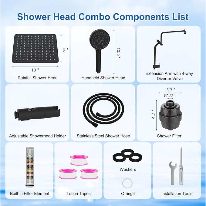 Metal 10" Filtered Rainfall Showerhead Combo, Easy Reach, Oil Rubbed Bronze | 4-Way Diverter with Pause Mode, High Pressure Shower Head with 10-Spray Handheld, 71" Hose/12" Extension Arm/Holder