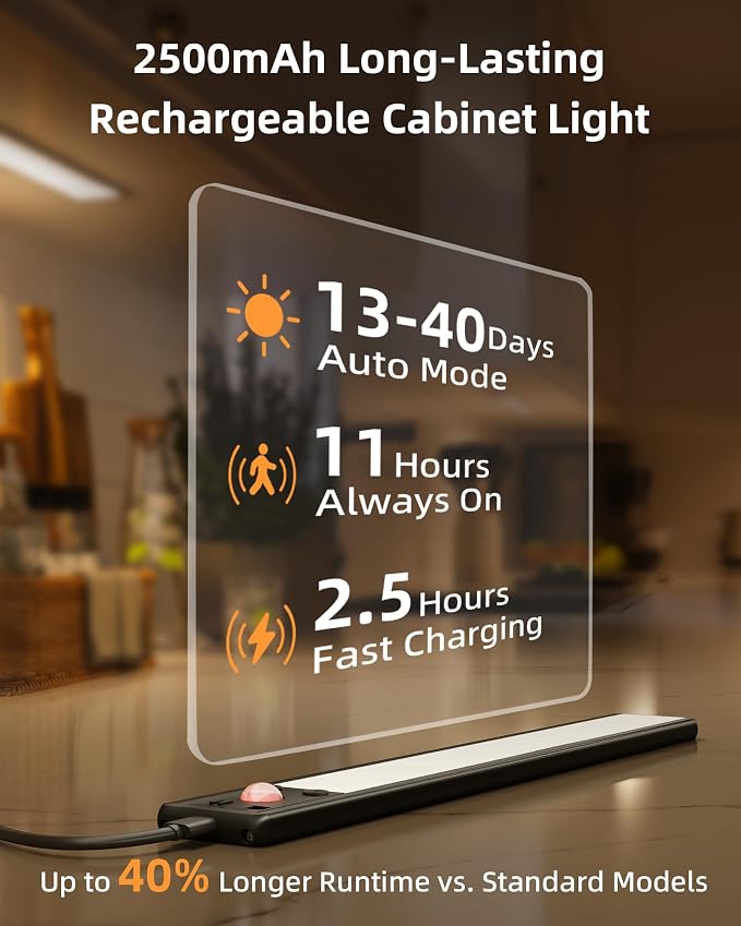 EZVALO 8" Under Cabinet Lights, 2500mAh USB-C Rechargeable Motion Sensor Light, 3 Color Temps, 5-Level Dimmable Magnetic Wireless Closet Lights for Kitchen, Pantry, Stairs (2 Pack)