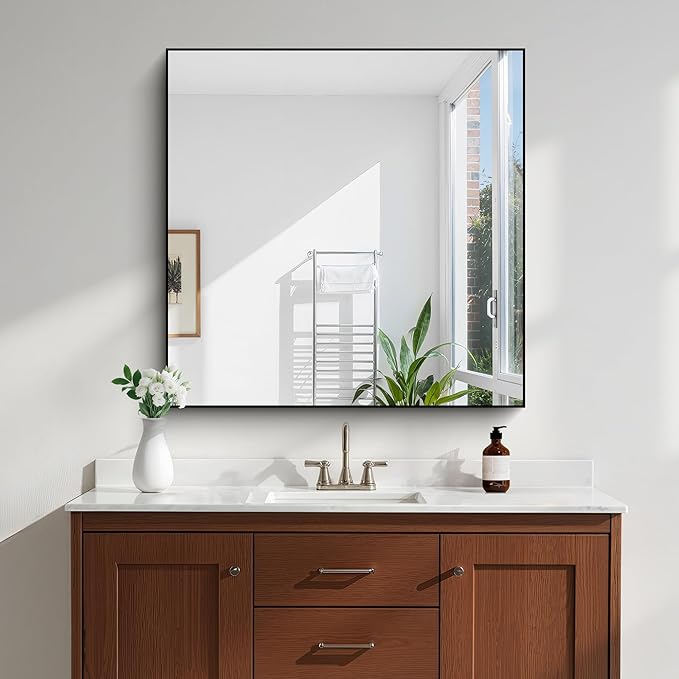 KOCUUY Black Bathroom Mirror, 36x36 Inch Square Mirror for Over Sink, Modern Decorative Wall Mirror for Bedroom Living Room Bathroom, Hang Horizontal/Vertical
