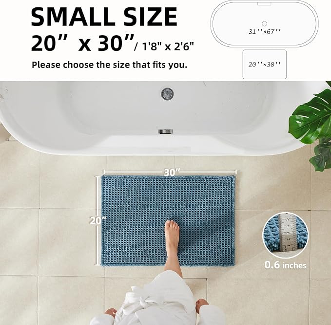 TYUU Waffle Bath Mat, Boho Bathroom Rugs Non Slip, 30x20 Denim Blue | Super Absorbent Quick Dry Bath Rug, Non-Slip Backing, Soft Waffle Washable Farmhouse Bathroom Mats, Tub, Shower & Home Decor