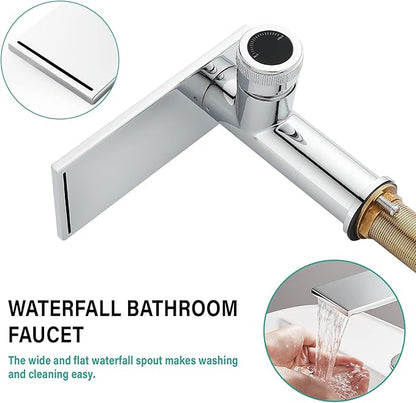 becola Modern Chrome Bathroom Faucet， Waterfall Faucet for Bathroom Sink， Single Hole Bathroom Sink Faucet Cold and Hot Basin Mixer Tap， Single Handle Bathroom Faucet with Adjust Knobs and Deck Plate