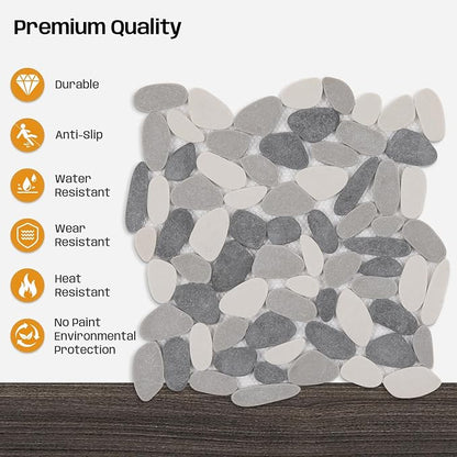 Grey Pebble Tile for Shower Floor, 12"x12" Backsplash Tiles, 5 SqFt | Slip-resistant Sliced Pebble Mosaic for Bathroom, Kitchen, Walls & Outdoor Areas, Mesh-Backed Easy to Install, Long Oval