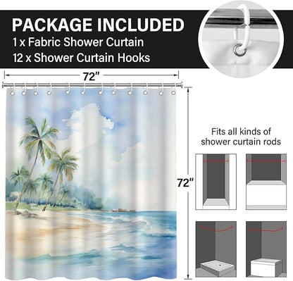 Sea Beach Shower Curtain for Bathroom,Blue Tropical Coastal Waterproof Polyester Shower Curtains,Funny Ocean Theme Bathroom Decor,72x72 Inch