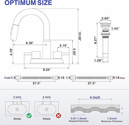 Bathroom Faucet with Sprayer, Matte Black 2 Handles with Pop-Up Drain | Kablle 3 Holes Pull Out 4 inch Centerset Laundry Bar Basin Pull Out Faucet with Pop-Up Drain, KBL-MP-6002B-CL