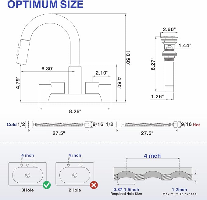 Bathroom Faucet with Sprayer, Brushed Nickel 2 Handles with Pop-Up Drain | Kablle 3 Holes Pull Out 4 inch Centerset Laundry Bar Basin Pull Out Faucet with Pop-Up Drain, KBL-6002BN