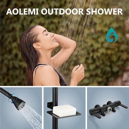 Aolemi Outdoor Shower Kit, Downward-Facing Inlets, Matte Black | 3-Inch Center Hot And Cold Mixer Valve, Dual Handles, with Soap Dish For Convenient Outdoor Shower Use