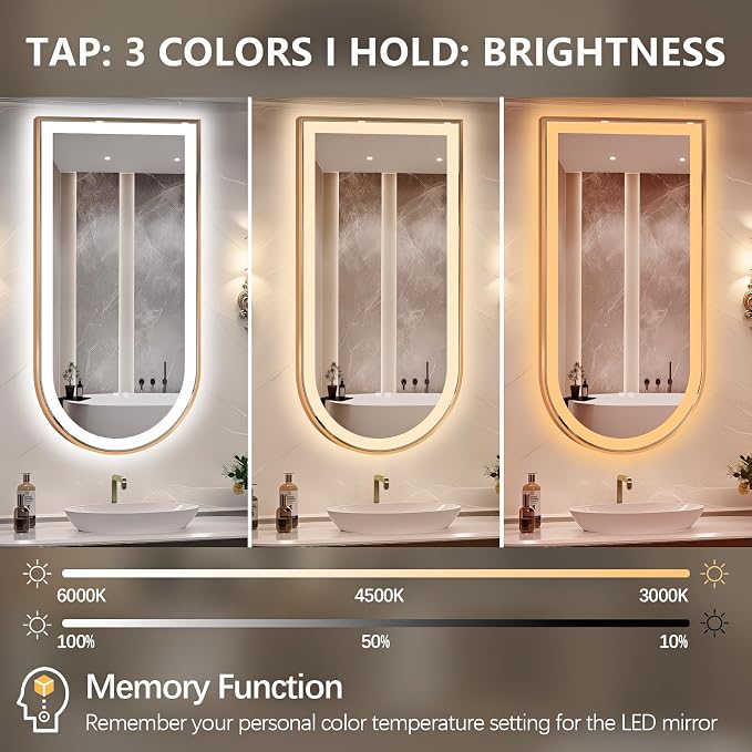 Arched LED Bathroom Mirror, 48"x24" Arch Backlit Vanity Mirror with Lights, Frontlit, Dimmable, 3 Colors, Memory Function, Anti-Fog Smart Mirror, Gold Frame, Shatterproof, Vertical-Inverted