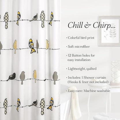 Lush Decor Rowley Birds Shower Curtain, 72” W x 72” L, Yellow & Gray - Colorful Floral Bird Pattern - Whimsical & Playful Bird Shower Curtain - Farmhouse, Coastal, & Boho Bathroom Decor