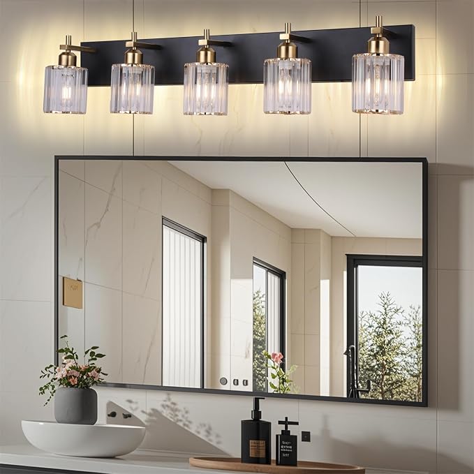 She's home 5-Light Vanity Lights for Bathroom: Black Gold Vanity Lights with Crystal Glass Shade, Modern Crystal Bathroom Light Fixtures Over Mirror, 34inch Black Gold Wall Sconce for Bath, E26 Base
