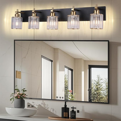 She's home 5-Light Vanity Lights for Bathroom: Black Gold Vanity Lights with Crystal Glass Shade, Modern Crystal Bathroom Light Fixtures Over Mirror, 34inch Black Gold Wall Sconce for Bath, E26 Base