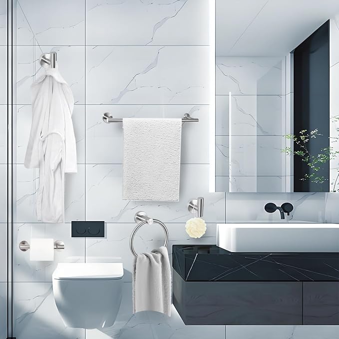 5 Piece Modern Style Wall Mounted Bathroom Hardware Set | #304 Stainless Steel, 24" Towel Bar Mount, Towel Rings, 2 Pillar Toilet Paper Holder, Bathrobe Hook (Brushed Nickel)