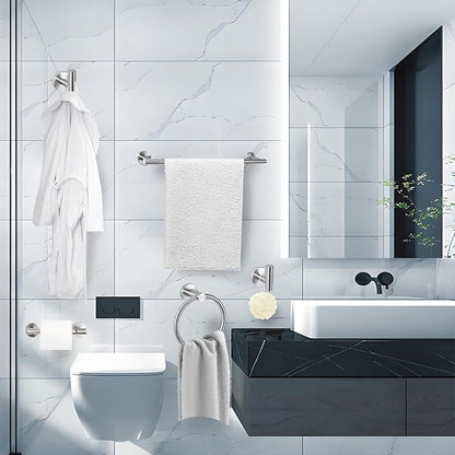 5 Piece Modern Style Wall Mounted Bathroom Hardware Set | #304 Stainless Steel, 24" Towel Bar Mount, Towel Rings, 2 Pillar Toilet Paper Holder, Bathrobe Hook (Brushed Nickel)