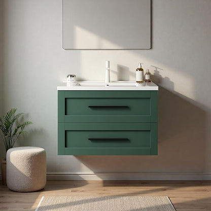 Floating Bathroom Vanity with Sink, 30" Bathroom Storage Cabinet with Curve Design Ceramic Basin & 2 Soft-Close Drawers, Wall-Mounted Vanity with Large Storage Space & Black Handle, Green