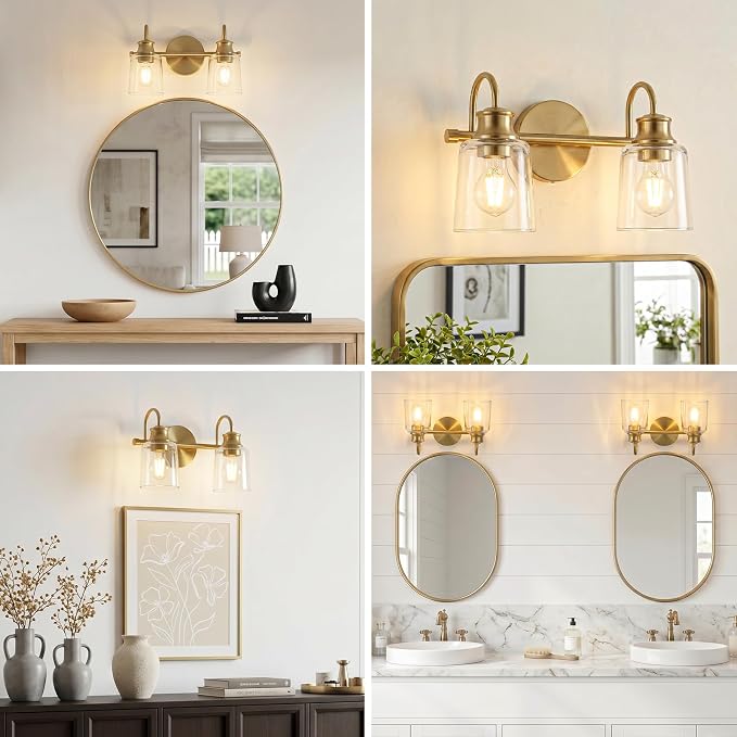 2 Lights Bathroom Light Fixtures Modern Gold Vanity Lights | ETL Certificate, Easy to Install,Wall Mount Up or Down,Thickened Glass Lampshade,E26 Socket,Hardwired