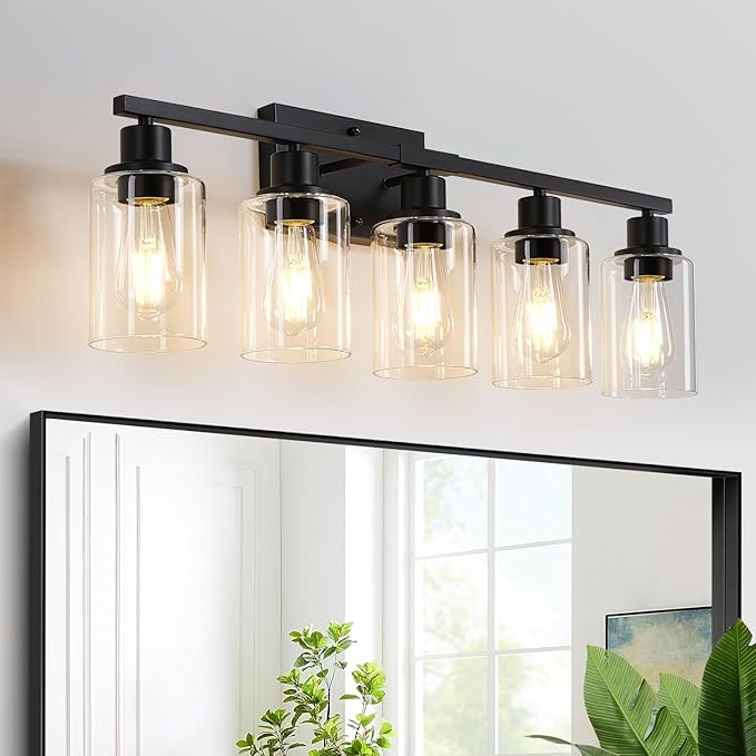 5-Light Bathroom Light Fixtures, Vanity Light with Clear Glass Shades, Matte Black Bathroom Light Fixtures Over Mirror, Modern Bathroom Wall Lamp for Mirror Living Room Cabinet Bedroom