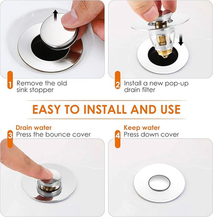 Universal Bathroom Sink Stopper, Basin Pop-up Bathroom Sink Drain Strainer, Bathroom Drain Stopper with Stainless Steel Hair Catcher for 1.1-1.5 Inch Drain(2 PCS, Silver)