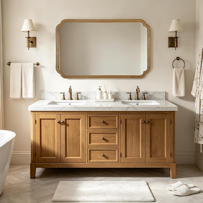 30" x 48" Wood Bathroom Mirror for Wall Mounted, Rustic Rounded Corner Vanity Mirror for Entryway, Living Room or Bedroom Home Decorative [30" x 48" Natural Color]