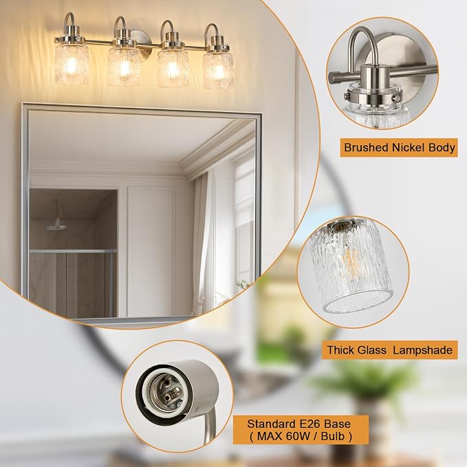 4 Lights Bathroom Vanity Light, Brushed Nickel Bathroom Light Fixtures with Hammered Glass Lampshade for Dressing Table,Over Mirror,Hallway
