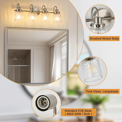 4 Lights Bathroom Vanity Light, Brushed Nickel Bathroom Light Fixtures with Hammered Glass Lampshade for Dressing Table,Over Mirror,Hallway