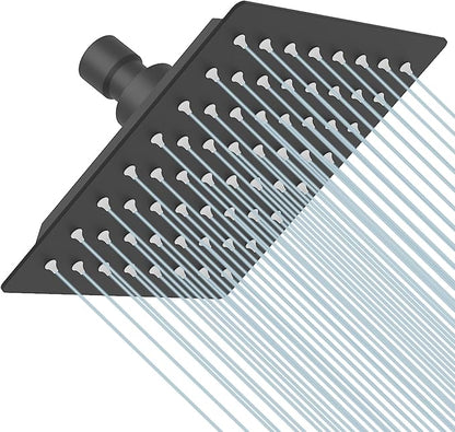 6 In Rain Shower Head High Pressure Rainfall Shower Head Matte Black | Square Rain Bathroom Showerhead, High Flow, Large Stainless Steel, Ceiling Mounted, Wall Mounted, Waterfall Full Body