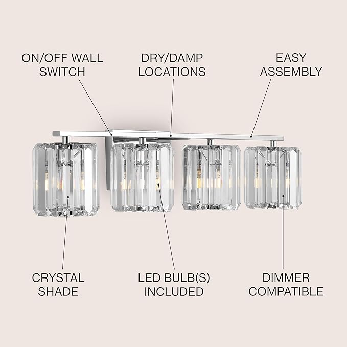 JONATHAN Y 4.75" Chrome 4-Light Vintage Glam LED Vanity Light Wall Sconce Fixture with Clear Crystal Prism Shade, Hardwired Wall Lamp for Bathroom Mirror Hallway, LED Bulb Included (JYL3555A)